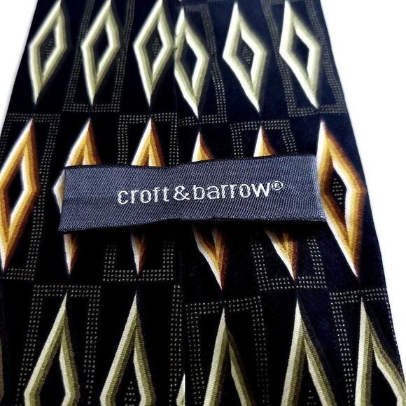 Croft & Barrow Black Tan Green Geometric Print Wide Silk Tie - Picture 3 of 6